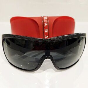 Authentic PRADA Shield Sunglasses Black Saffiano Leather Rim Silver Logo